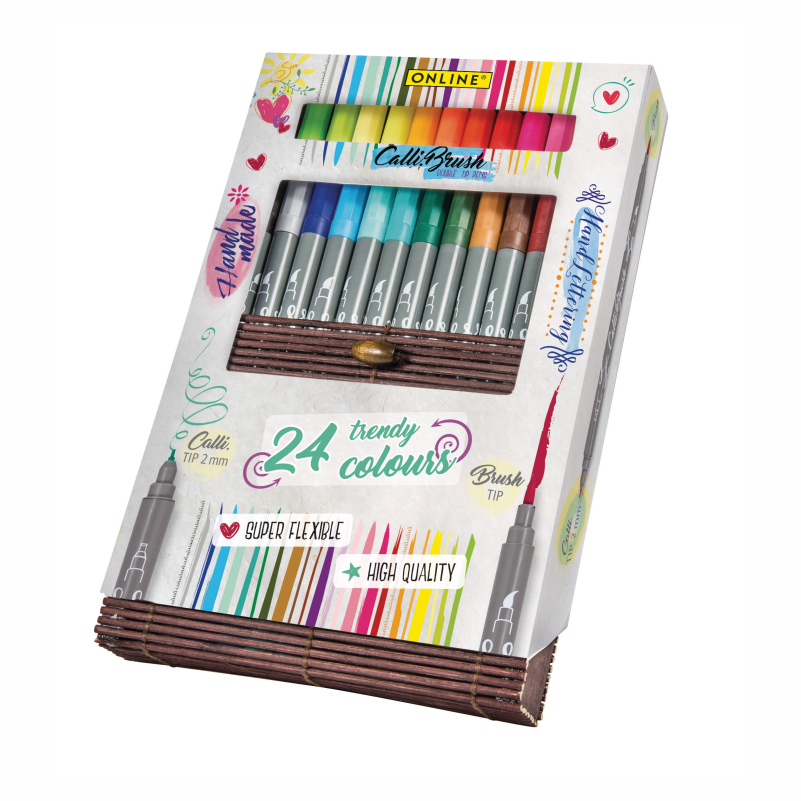 ONLINE Calli Brush Duo - Trend Farben, 24 Stück sortiert 2mm, Bambus-Etui